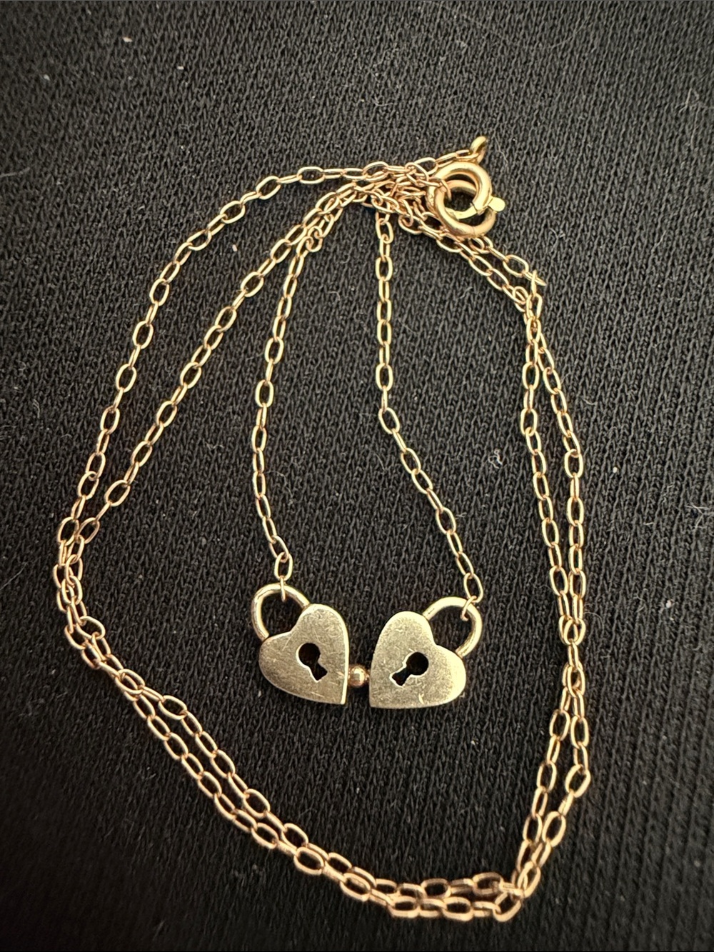 Final price Solid 14K gold necklace with two hearts padlocks, vintage 14” long